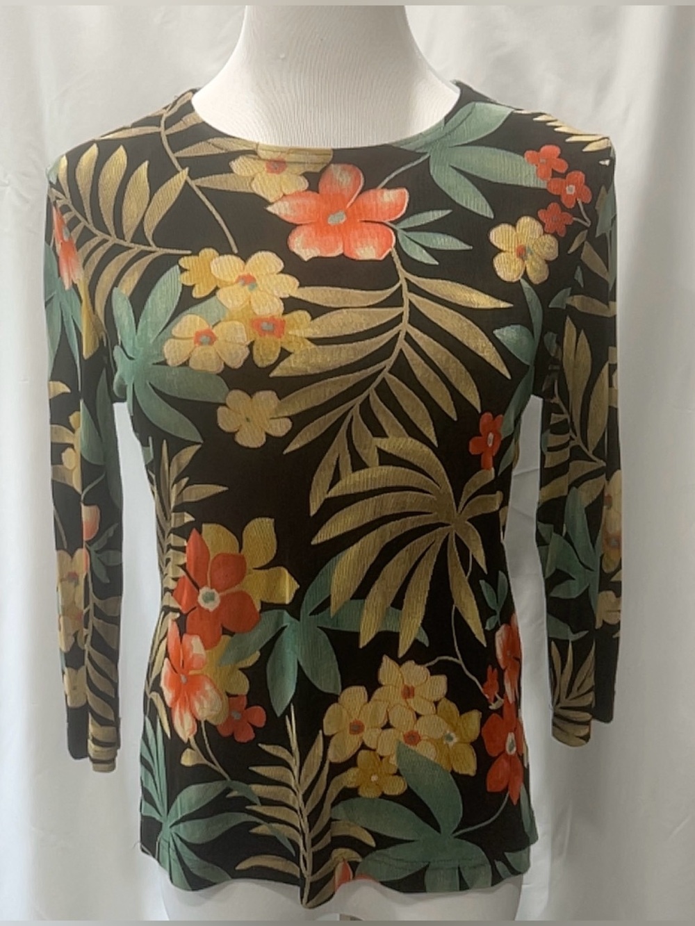 Softwear by Mark Singer Floral Print Top Womens Small SML Black Tropical Boho